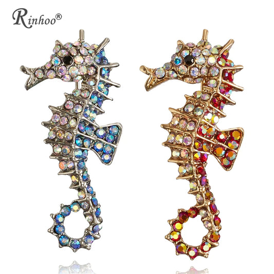 rinhoo Animal Brooch Decoration for Men and Women Rhinestones Sea Horse Swim Hippocampus Brooches Short Eye Catching Jewelry Pins